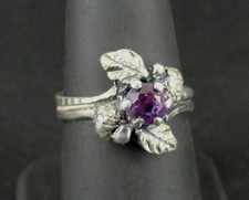 Ring Silver Purple Stone with Leaf Design Sterling 925 Band Size 6.75 Ring