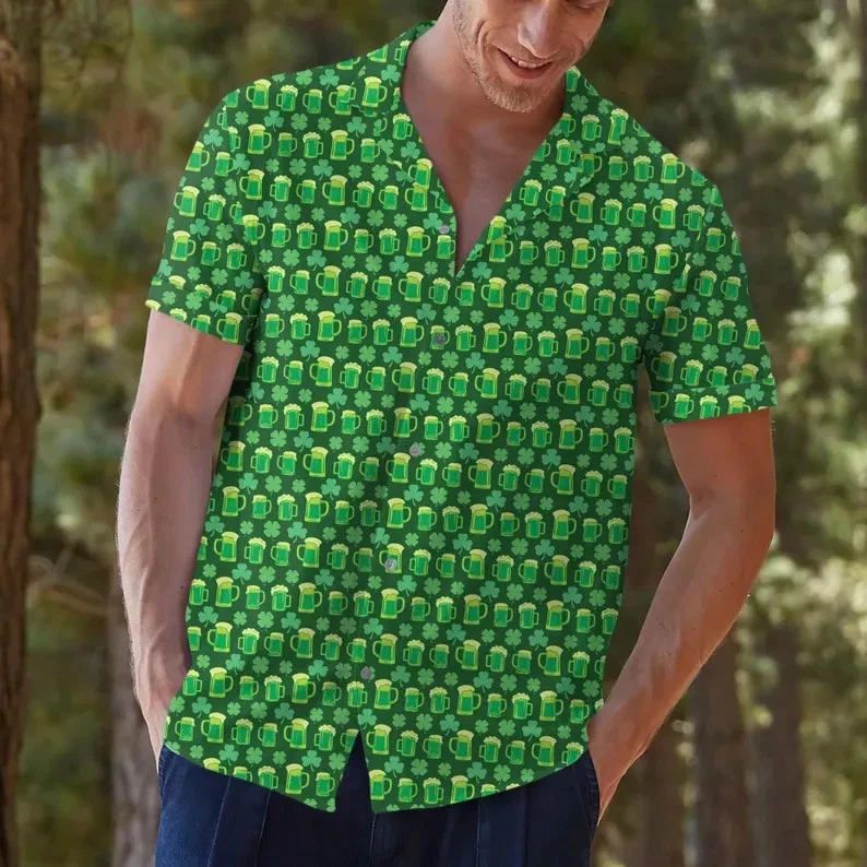 Beer Mug Pattern St. Patrick's Day Hawaiian Shirt Lucky Clover Irish Pub Wear