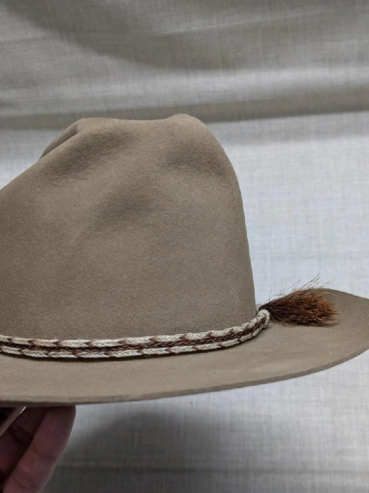 Sombrero de vaquero vintage MARRÓN 7-1/4 marrón fieltro de piel deportista largo ovalado western Foto 4 de 4