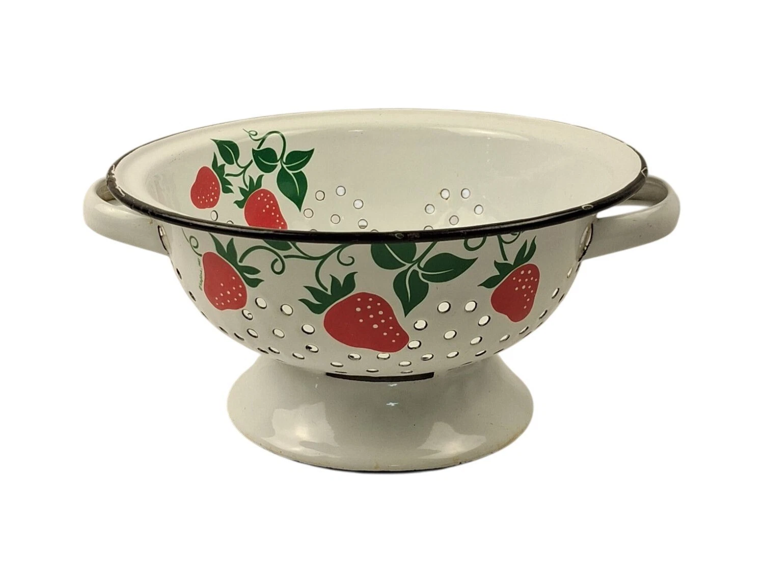 VTG 1983 FTD Bright White Enamel Strawberry Colander W/ Handles & Footed Base