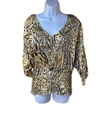 Cache Animal Print Smocked Waist Blouse Gold Leopard Tiger Y2K Glam READ