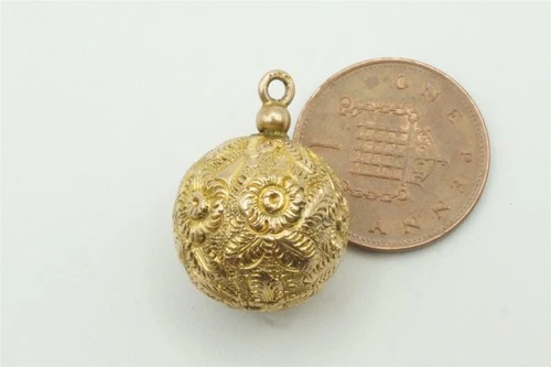 PRETTY ANTIQUE ENGLISH 9K GOLD FLORAL CHASED BALL CHARM FOB c1880 NO RESERVE