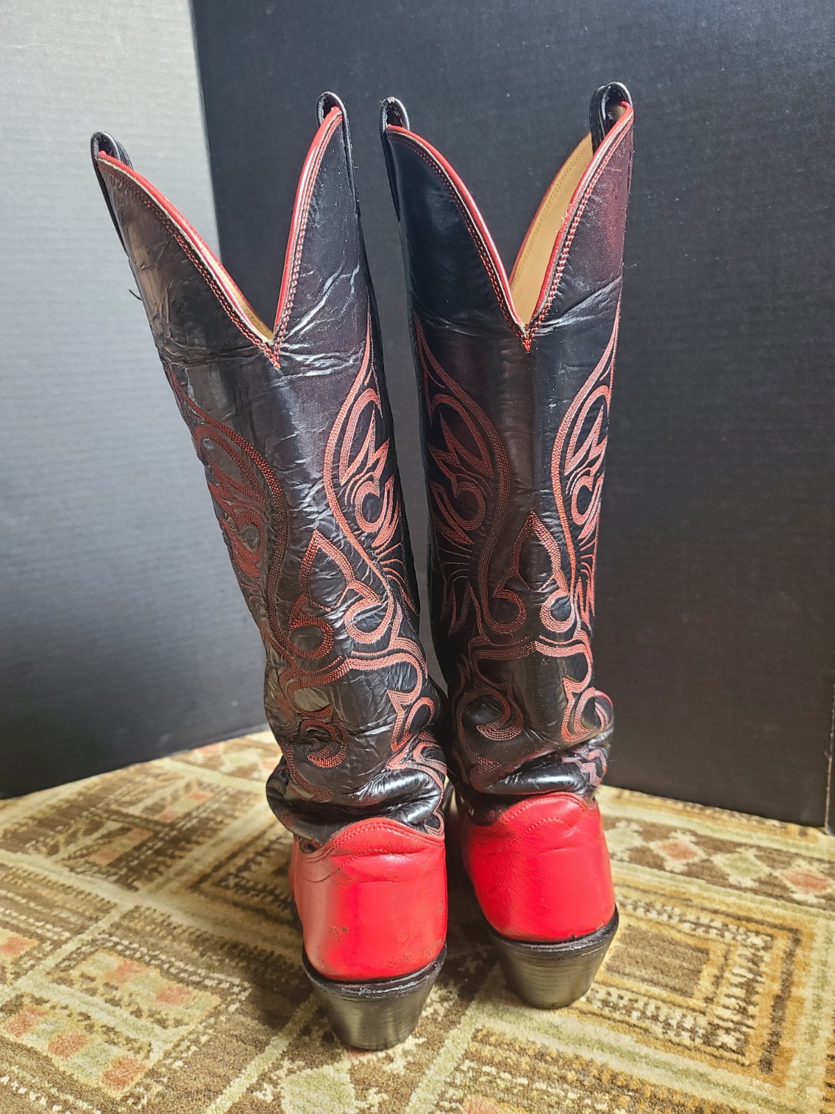 Vintage Olathe 17" Tall Western Cowboy Boots Red Black Embroidered Men's 9 D USA image 4