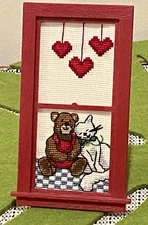 Vintage Framed Cross Stitch Teddy Bear And White Kitty Kitsch Whimsical Fun