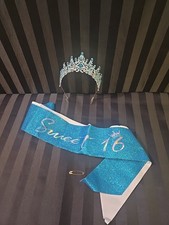 Sweet 16 Glitter Sash Tiara Blue Silver With Safety Pin