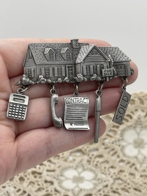 JJ Jonette Jewelry Real Estate House Brooch Pin 2.5'' Dangle Charms Pewter Tone