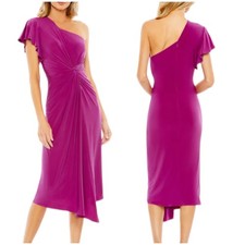 Mac Duggal NWT Knotted Waist One Shoulder Midi Jersey Dress Size 12 Pink Ruched