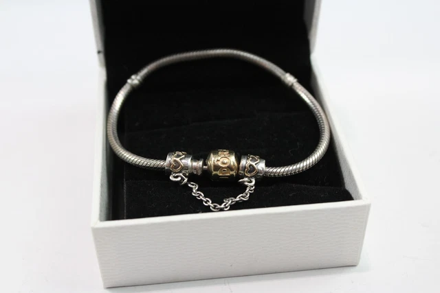 20 Pandora Sterling Silver Charm Bracelet w/ 14ct Gold Clasp Safety Chain (17g)