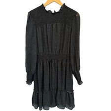 Just Taylor Smocked Long Sleeve Mini Dress Navy Black Print Ruffle Neck Size 16