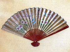 Vtg Wall Fan Asian Oriental Art Chinoiserie Hollywood Regency Gold Birds 67"