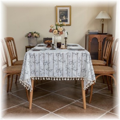 Elegant Lace Tablecloth Tassel Edge Rectangular 55''x86'' Anti-Fading Gray & White