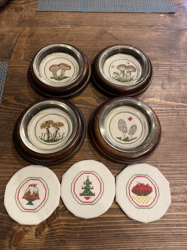 Vintage Pilz Dick Glas Holz Untersetzer Set Kreuzstich Sudberry Haus