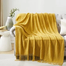 50x60 Inch Mustard Yellow Knitted Throw Blanket Tassels Textured Decorative