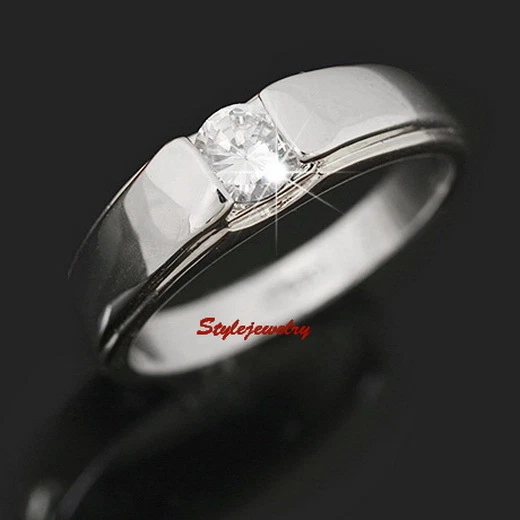 18k White Gold Plated Crystal Silver Color Wedding Ring Men's Band R137 - Imagem 2 de 4