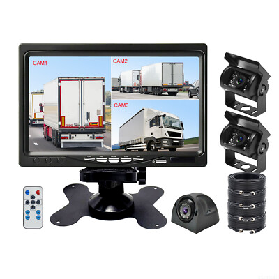 7'' HD Quad Split Monitor 3x Front Side Backup Rear View Camera For Bus Reversing