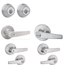 Kwikset Bundle New DELTA Lever  Satin Chrome KEYED ENTRY+2 BED/BATH+DBL DEADBOLT