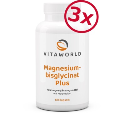 Vita World 3er Pack Magnesiumbisglycinat 360 Kap Magnesium Hohe Bioverfügbarkeit