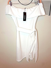 Boohoo White Off The Sholder Belted Wrap Bodycon Dress Size 14 BNWT