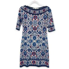 Max Studio Small Floral Print Boatneck Half Sleeve Jersey Shift Mini Dress