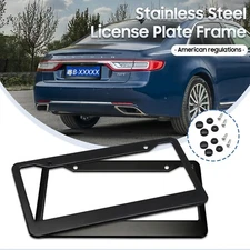 2Pcs Stainless Steel Metal License Plate Frame Tag Cover With Screw Caps Black