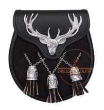 Scottish Real black Leather kilt sporran stag head design black bovine