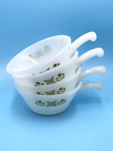 Vintage Milk Glass Fire King Anchor Hocking Soup Bowl W/Handles Floral Set Of 4