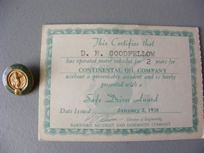 Vintage  1958 Continental Oil Company Conoco Safe Driver Certificate With Pin
