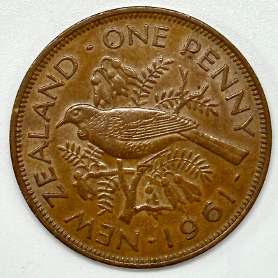 1961 NEW ZEALAND ONE PENNY - Tui Bird & Elizabeth II - MINT STATE