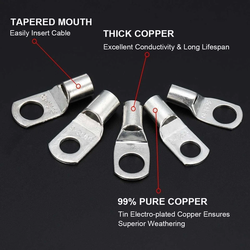 220/170Pcs Bare Copper Cable Lugs Ring Terminals Kit Battery Wire Connectors - Image 2 of 4