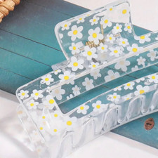 White/Yellow Flowers Hair Claw Shark Clip 3" NonSlip Strong Hold New