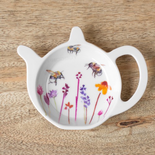 White Floral Bees Teapot Shaped Tea Bag Tidy Holder Teabag Spoon Rest
