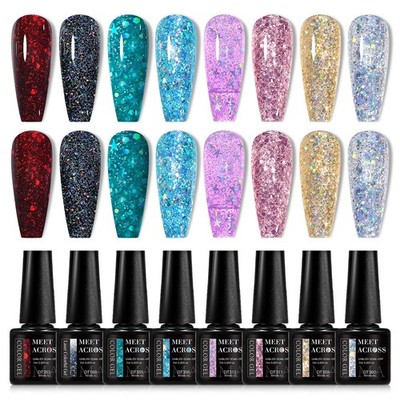 8 Colors Glitter Gel Nail Polish Sparkly Shiny Gold Silver Pink Gel Polish Ki...