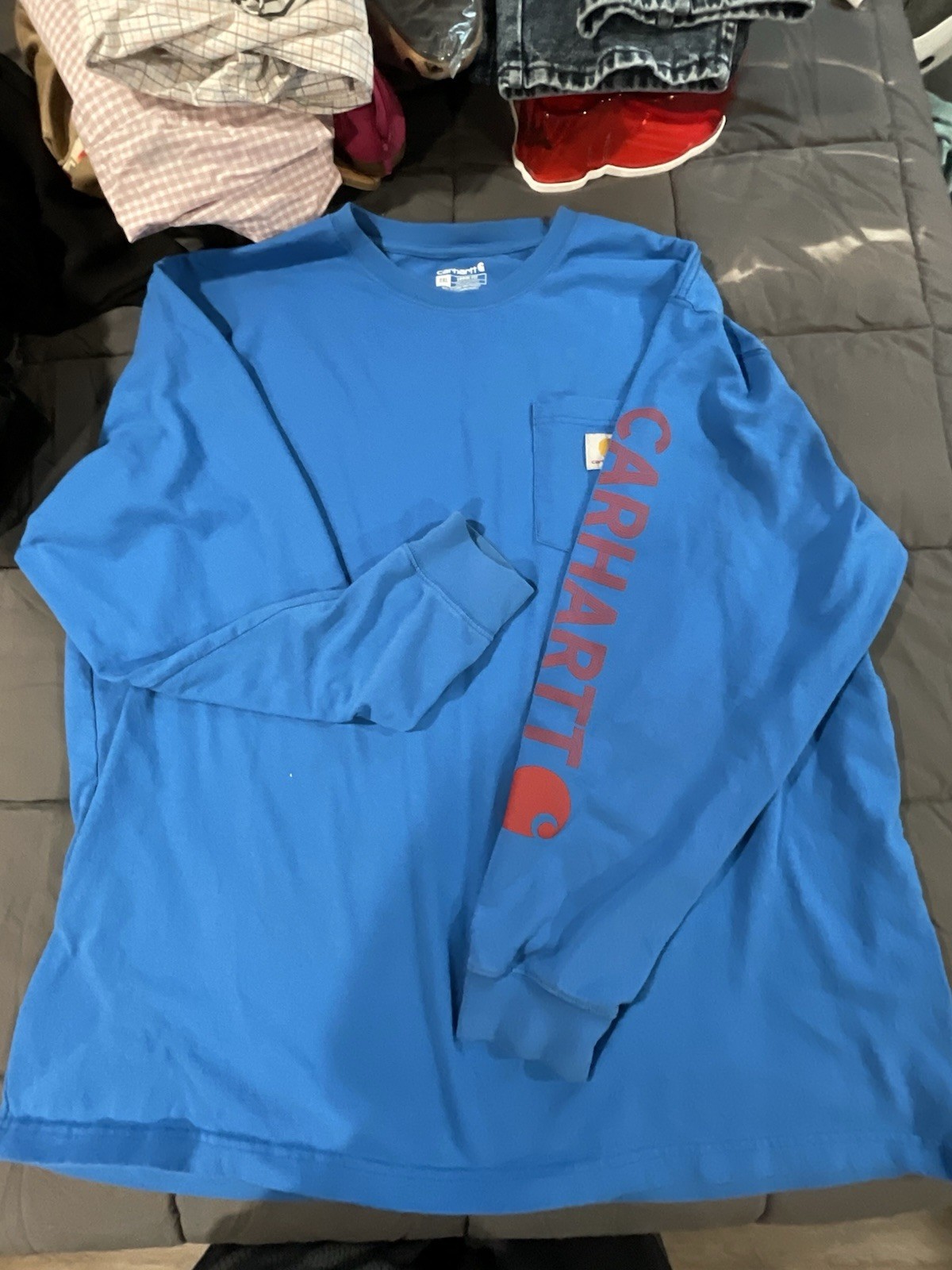 Carhartt Loose Fit 2XL Long Sleeve Pocket Tee Blue with Red Graphic