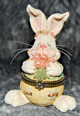 5'' Easter Trinket Box Easter Rabbit  Bunny Holding Flowers Hinged Ceramic Egg