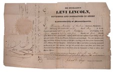 1828, SIGNED by LEVI LINCOLN, JR, MASSACHUSETTS MILITIA COMMISSION, w STATE SEAL