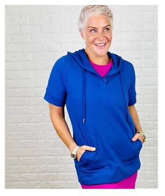#ad Joan Rivers French Terry Short Sleeve Hoodie Size XS Bright Blue QVC A511613 $15.79