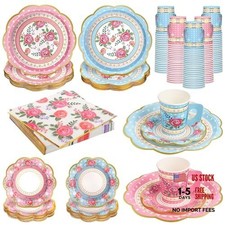 200 Pcs Disposable Tea Party Cups and Saucers Set, 50 Guests Floral Tea Party