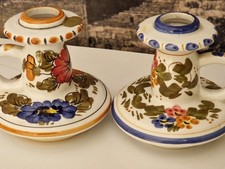 2 Vintage Keramik Kerzenhalter / Kammerleuchter &ndash; Handbemalt &ndash; Landhausstil