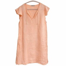Valentina Naldi Peach 100% Linen Shift Dress Made in Italy Size L Cap Sleeve Tie