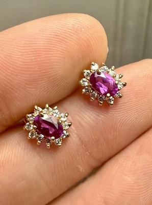ESTATE Solid 10K Gold Oval-Cut Raspberry Garnet Gemstone Halo Stud Earrings Set