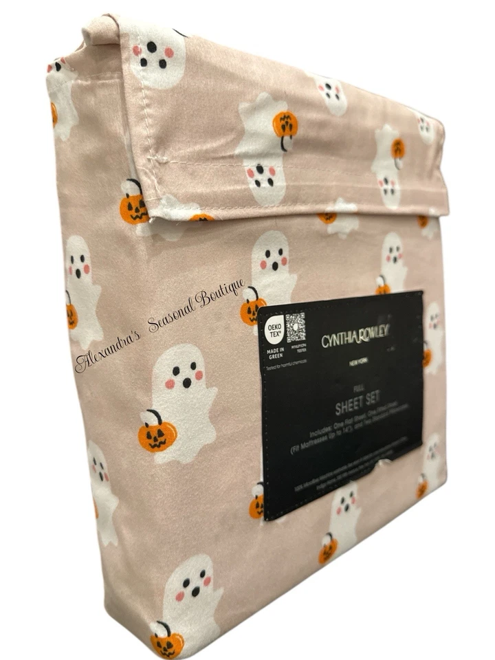 NUEVO Juego de sábanas Cynthia Rowley Halloween rosa tamaño completo 4 piezas cestas de calabaza fantasma Foto 4 de 4