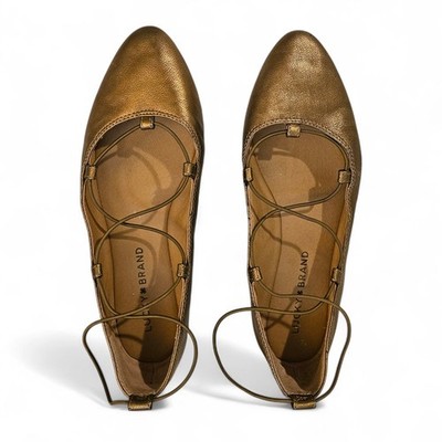 Lucky Brand Aviee Datk Metallic Gold Lace Up Ballet Flats Size 6.5