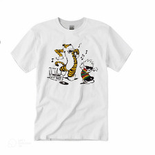 80S Calvin And Hobbes Dancing Funny White Cotton T Shirt Size S-5XL