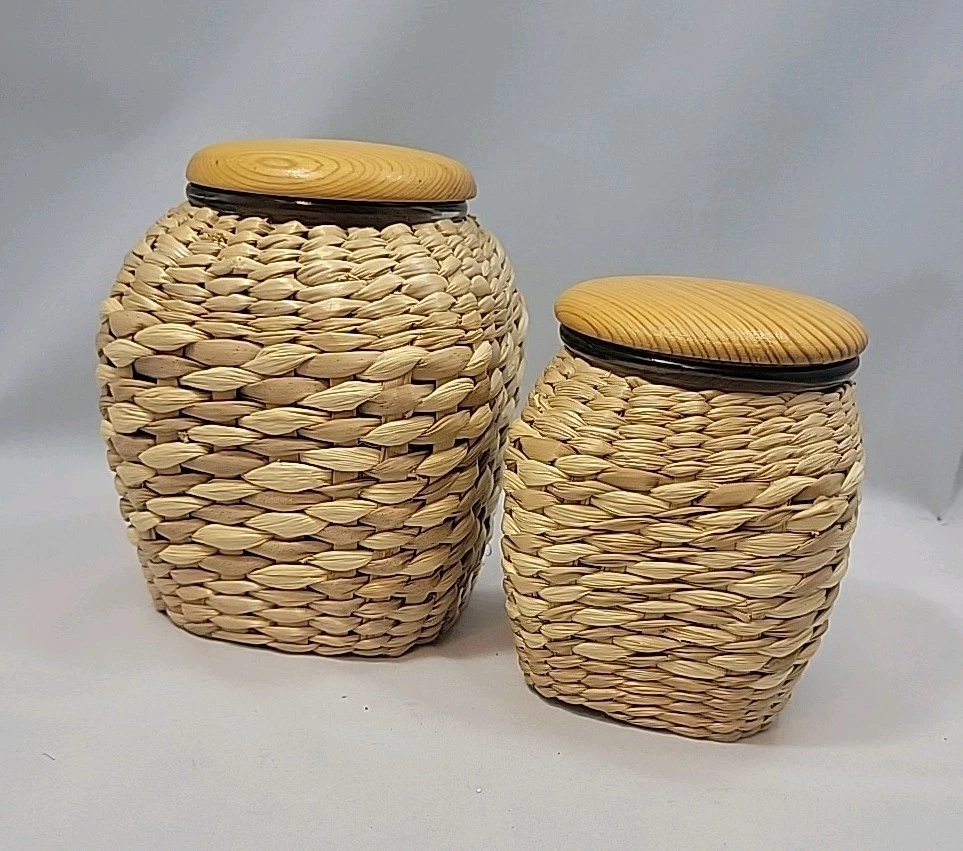Vintage Woven Wicker Wrapped Glass Storage Jars Wood Lids Set Of 2