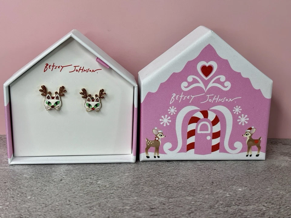 New! Betsey Johnson White Cat Reindeer Stud Earrings Christmas - Image 2 of 2