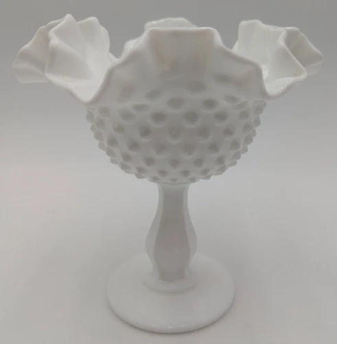 Vintage Fenton Hobnail Milk Glass Footed Compote Candy Dish Ruffled/Crimped Edge