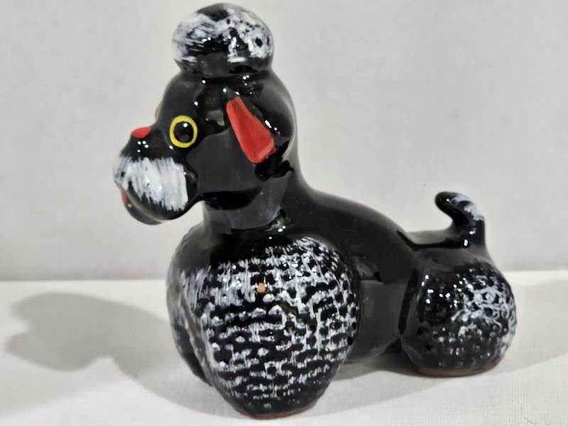 Vintage~Ceramic Black Poodle Figure~Hand Painted~Red Clay~Japan