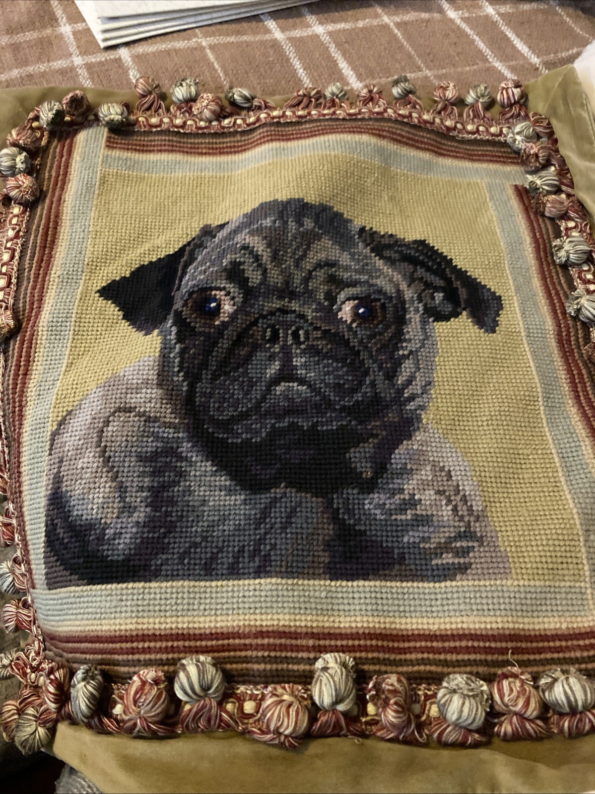 16x16 Handmade Black Pug Dog Wool Needlepoint Throw Pillow Cushion Cover Only