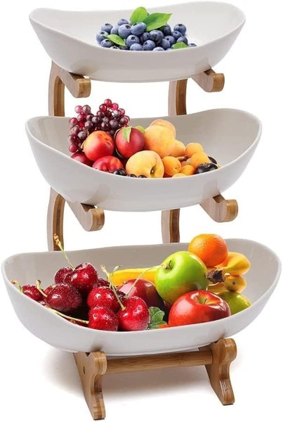 Keramik Obst Etagere 3 Etagen Bambus StäNder Obstschale GemüSe Snacks 28Cm-image