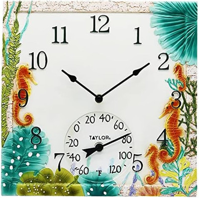 Seahorse Poly Resin Indoor and Outdoor Clock and Thermometer, Home Decor for Gar
